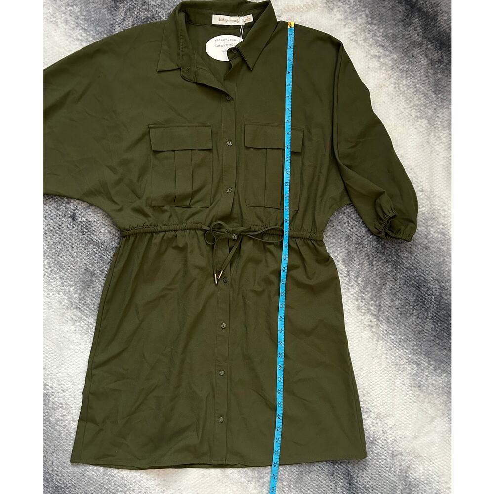 Bishop + Young Safari Olive Green Puff Sleeve Button Up Midi Dress - Small NWT - Picture 11 of 12